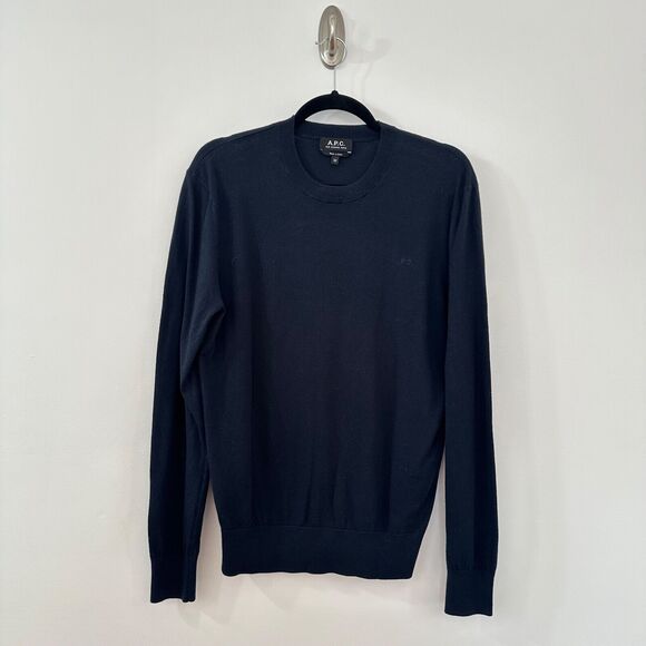 A.P.C. Mens Cashmere Blend Pullover Sweater Lightweight Size XS Preppy Logo Blue - Picture 1 of 12